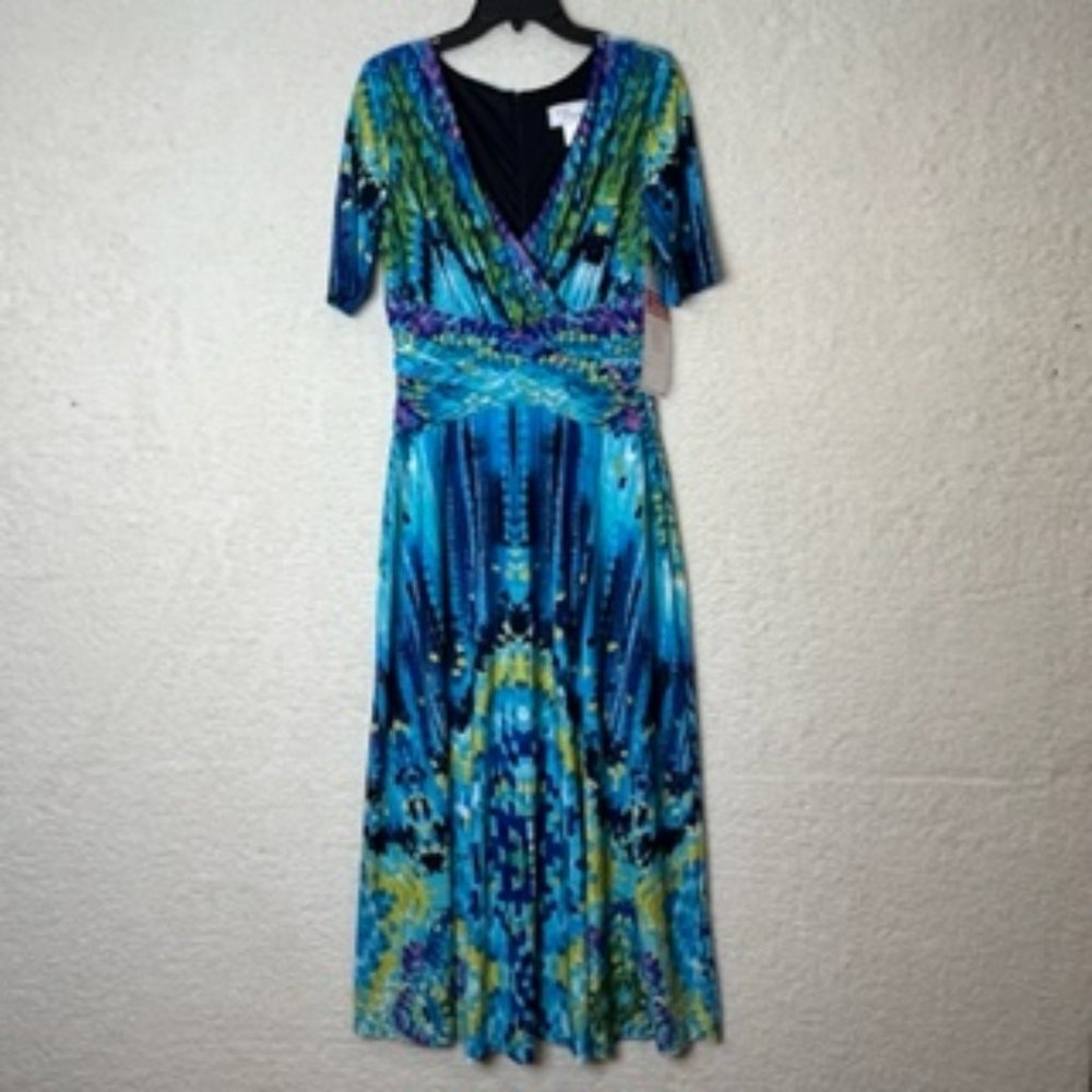 NWT EY Boutique Womens Blue Tie Dye Empire Waist Maxi Faux Wrap Dress Size 8